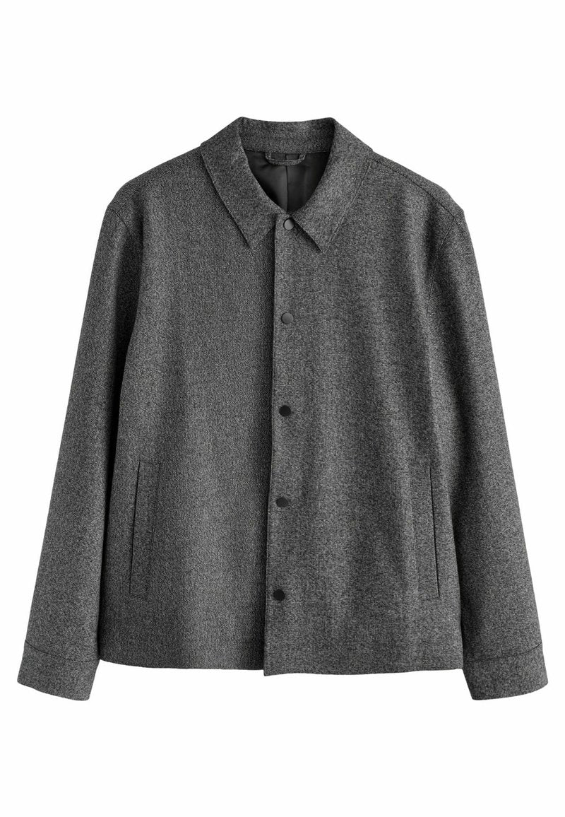 Grau strukturierte Jacke aus einem Wollgemisch mit Kragen, Druckknöpfen, Seitentaschen und langen Ärmeln, in gerader Form.