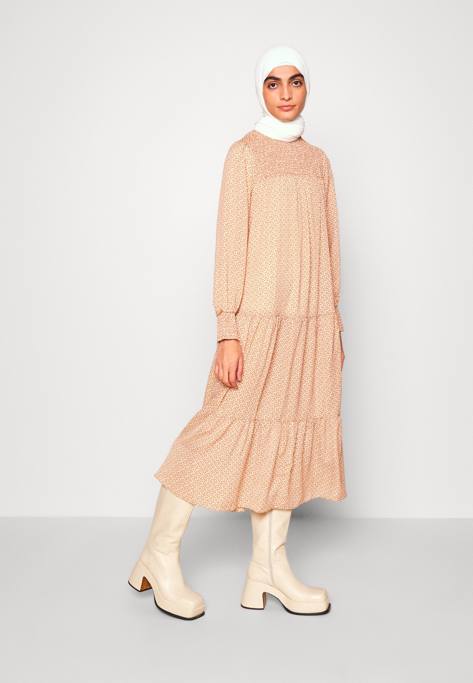 Glamorous MODEST SMOCKED HIGH NECK TIERED DRESS WITH LONG SLEEVES