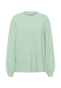 Helle grüne, weiche Strickjacke mit Rundhalsausschnitt, überschnittenen Schultern und langen, leicht gerafften Ärmeln. Schlichte, strukturierte Oberfläche.