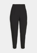 Schwarze maßgeschneiderte Hosen mit hoher Taille, vorderen Falten, schmal zulaufenden Beinen und einer glatten Textur. Aus einem leichten Stoff gefertigt, ohne sichtbare Verschlüsse.