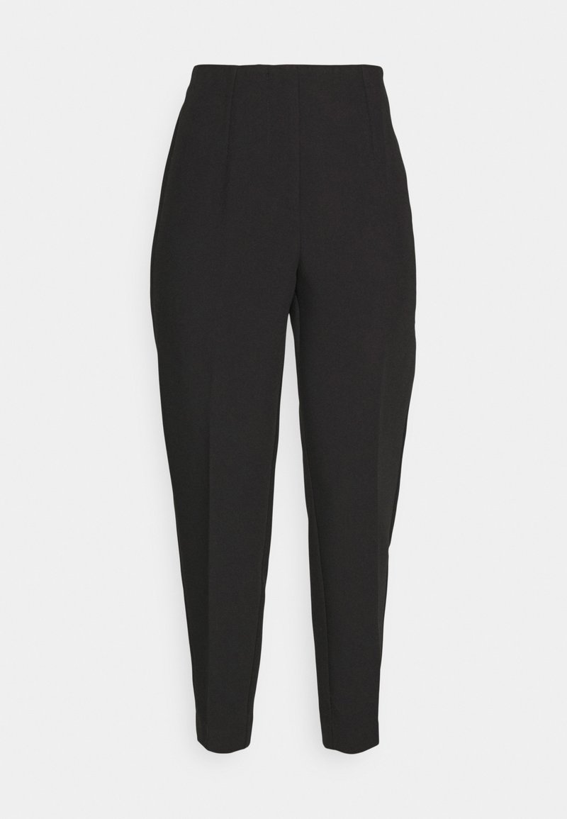Schwarze maßgeschneiderte Hosen mit hoher Taille, vorderen Falten, schmal zulaufenden Beinen und einer glatten Textur. Aus einem leichten Stoff gefertigt, ohne sichtbare Verschlüsse.