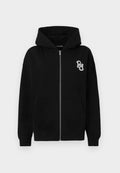 Schwarze Zip-Hoodie aus Baumwollmischung. Verfügt über eine Kängurutasche, gerippte Bündchen und ein kleines grafisches Logo auf der linken Brust.