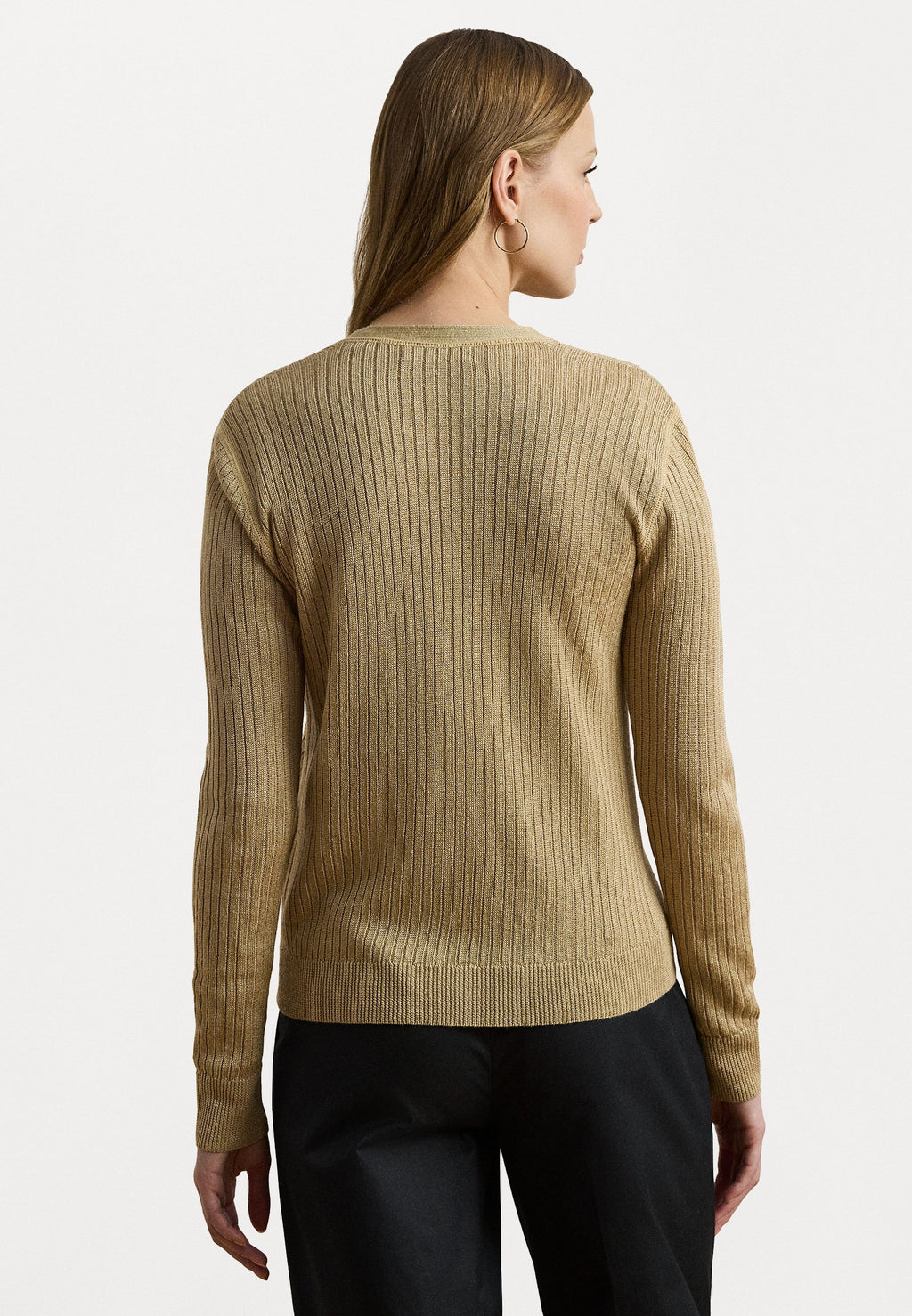 Lauren Ralph Lauren Rib Knit Linen Blend V Neck Cardigan