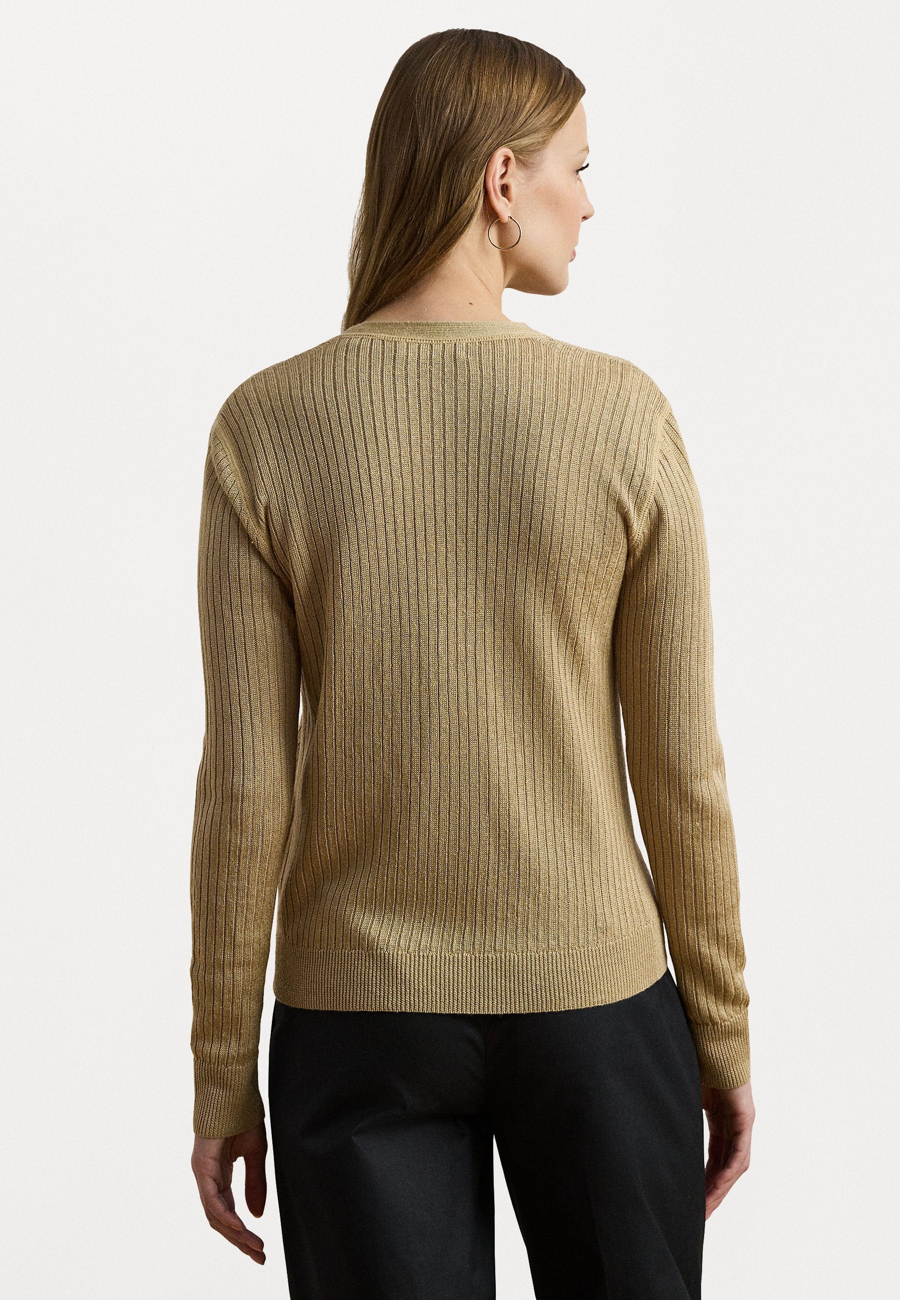 Lauren Ralph Lauren Rib Knit Linen Blend V Neck Cardigan
