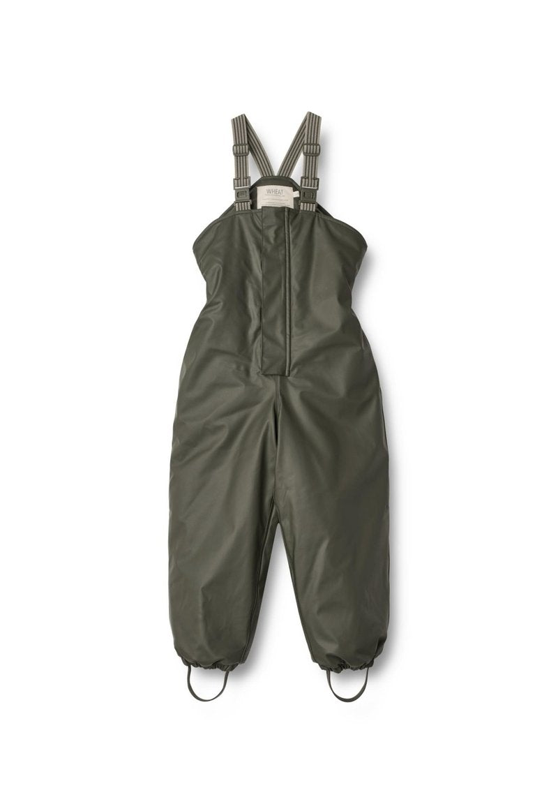 Olivgrüner wasserdichter Overall mit verstellbaren Trägern, einem Reißverschluss an der Vorderseite und elastischen Bündchen an den Knöcheln für einen sicheren Sitz. Leichtgewichtiges Design.