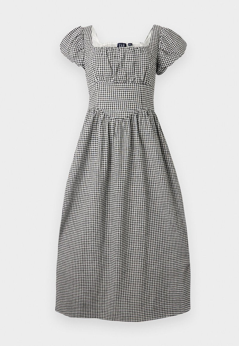 Schwarz-weißes Gingham-Midikleid mit Puffärmeln, quadratischem Ausschnitt, tailliertem Bund und gerafftem Rock.