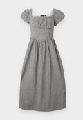 Schwarz-weißes Gingham-Midikleid mit Puffärmeln, quadratischem Ausschnitt, tailliertem Bund und gerafftem Rock.