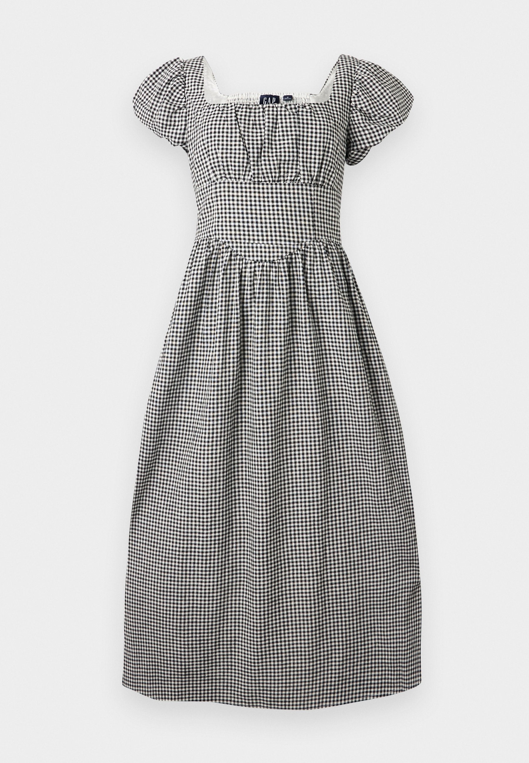 Schwarz-weißes Gingham-Midikleid mit Puffärmeln, quadratischem Ausschnitt, tailliertem Bund und gerafftem Rock.