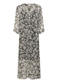 Durchsichtiges langes Kleid in Beige mit schwarzem Blumenmuster, V-Ausschnitt und dreiviertellangen Ärmeln. Weicher Stoff, leicht und fließendes Design.