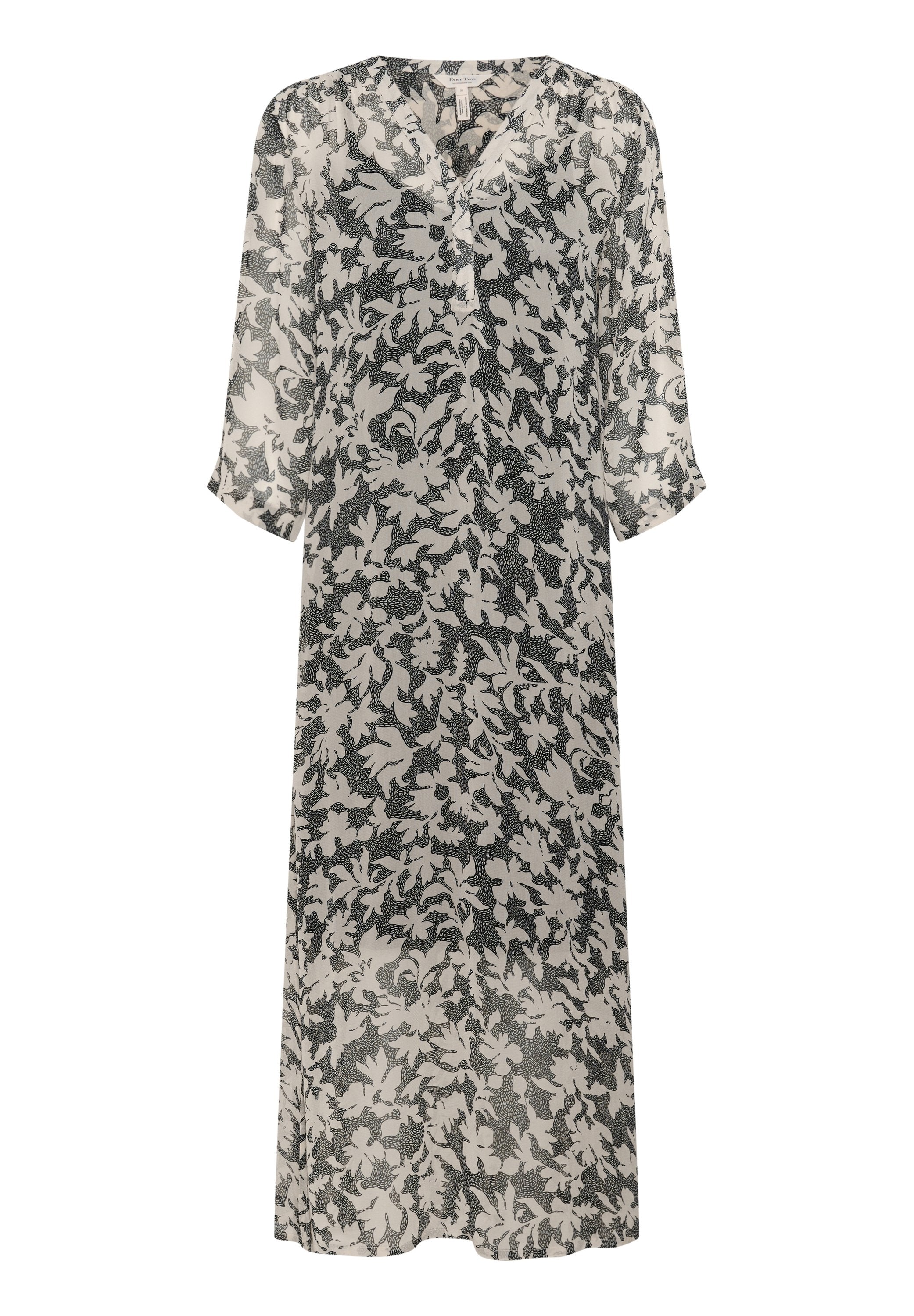 Durchsichtiges langes Kleid in Beige mit schwarzem Blumenmuster, V-Ausschnitt und dreiviertellangen Ärmeln. Weicher Stoff, leicht und fließendes Design.