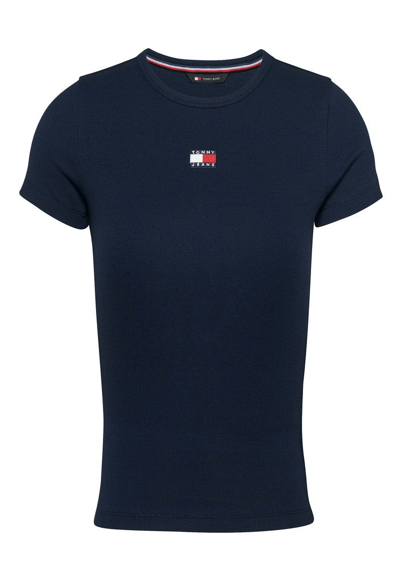 Marineblaue kurzärmelige Ripp-T-Shirt mit Rundhalsausschnitt und kleinem Tommy Jeans Logo-Patch mittig auf der Brust.