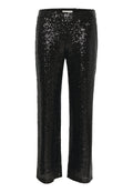 Schwarze Pailletten-Hose mit geradem Bein, die mit glänzenden, strukturierten Pailletten versehen ist. Leichter Stoff mit einem elastischen Bund.