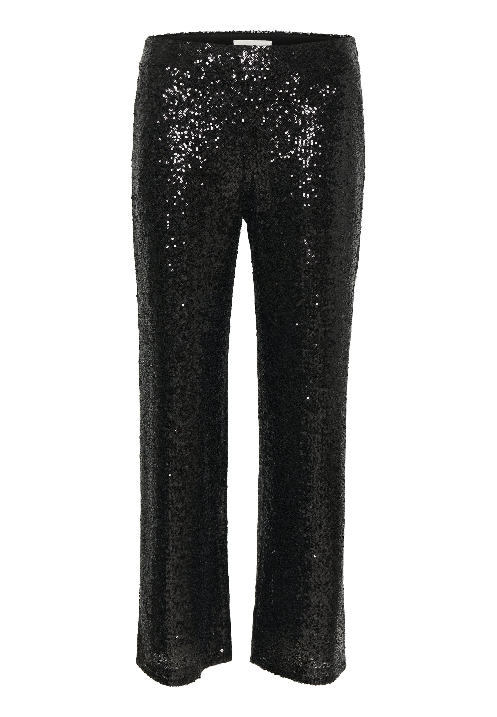 Schwarze Pailletten-Hose mit geradem Bein, die mit glänzenden, strukturierten Pailletten versehen ist. Leichter Stoff mit einem elastischen Bund.
