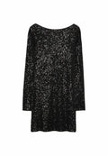 Schwarz, langärmeliges Mini-Kleid, das mit glänzenden silbernen Pailletten bedeckt ist. Es hat einen runden Ausschnitt und eine figurbetonte Silhouette.