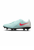 Hellblaue Fußballschuhe mit einem grauen Verlauf an der Ferse, schwarzen Akzenten und einem roten Nike-Swoosh. Verfügt über eine strukturierte Oberseite und dreieckige Stollen.