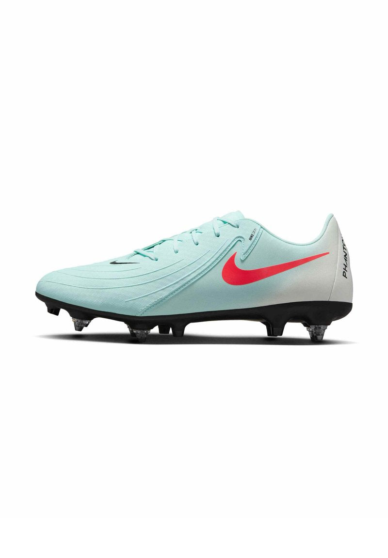 Hellblaue Fußballschuhe mit einem grauen Verlauf an der Ferse, schwarzen Akzenten und einem roten Nike-Swoosh. Verfügt über eine strukturierte Oberseite und dreieckige Stollen.