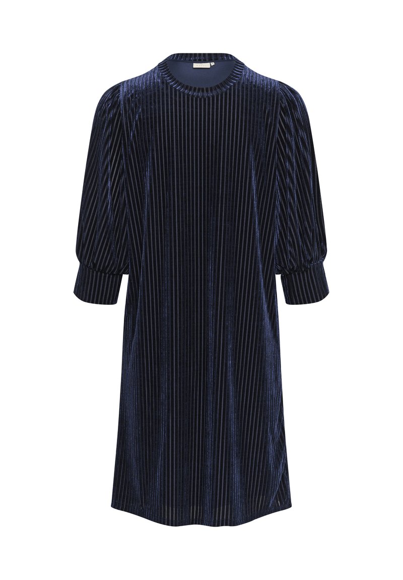 Navyblaues Samtkleid mit vertikalen Streifen, rundem Ausschnitt und gepufften Halbärmeln. Weiche Textur mit einer entspannten, fließenden Form.