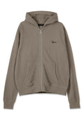 Olivgrüner, gerippter Kapuzenpullover mit Fronttaschen, durchgehendem Reißverschluss und gesticktem Logo auf der linken Brust. Weicher Stoff.