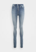 Hoch taillierte Skinny-Jeans aus hellblauem Denim mit einem Fünfknopf-Verschluss vorne, Gürtelschlaufen und klassischen Seitentaschen.