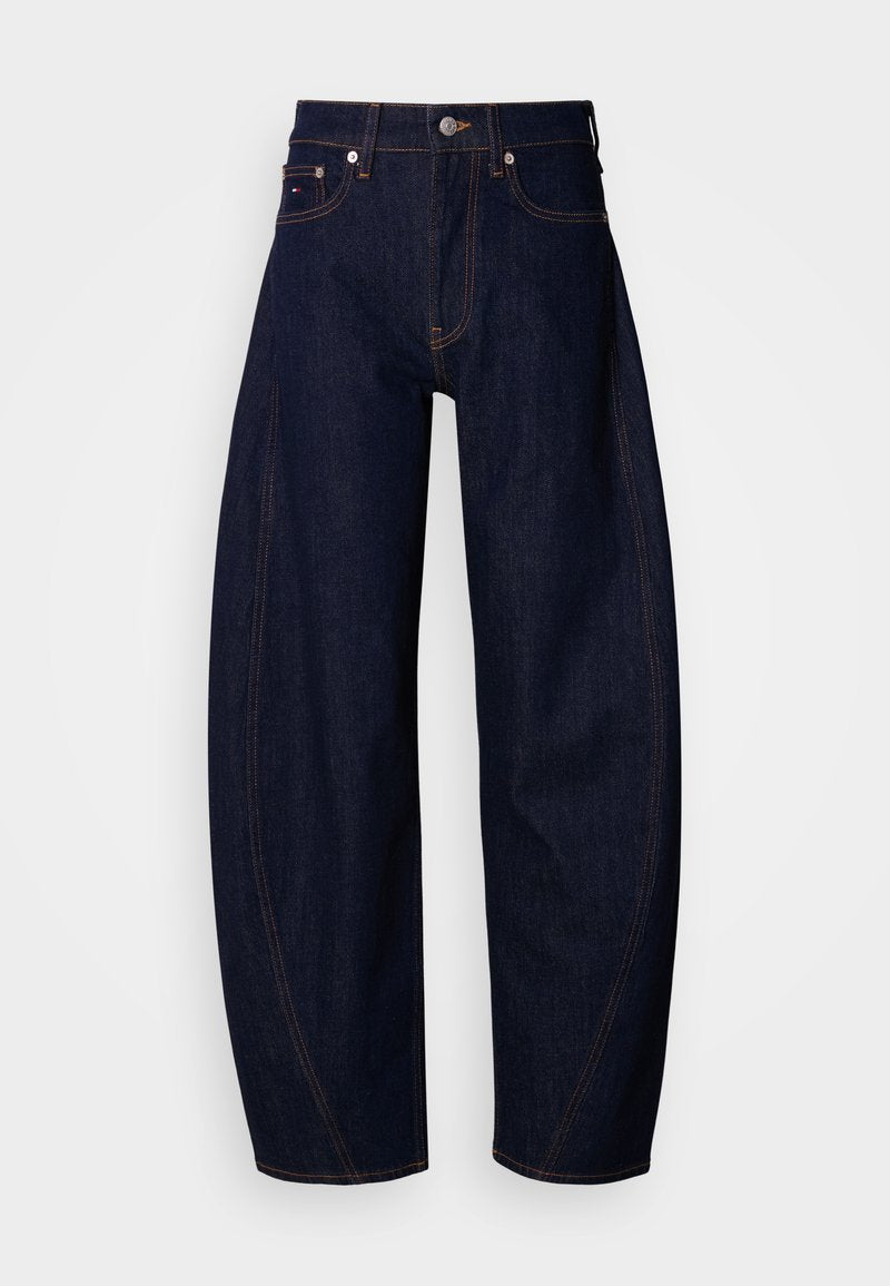 Dunkelblaue Jeans aus Denim mit weitem Schnitt, hoher Taille, orangener Naht, klassischem Fünf-Taschen-Design und Knopfverschluss.