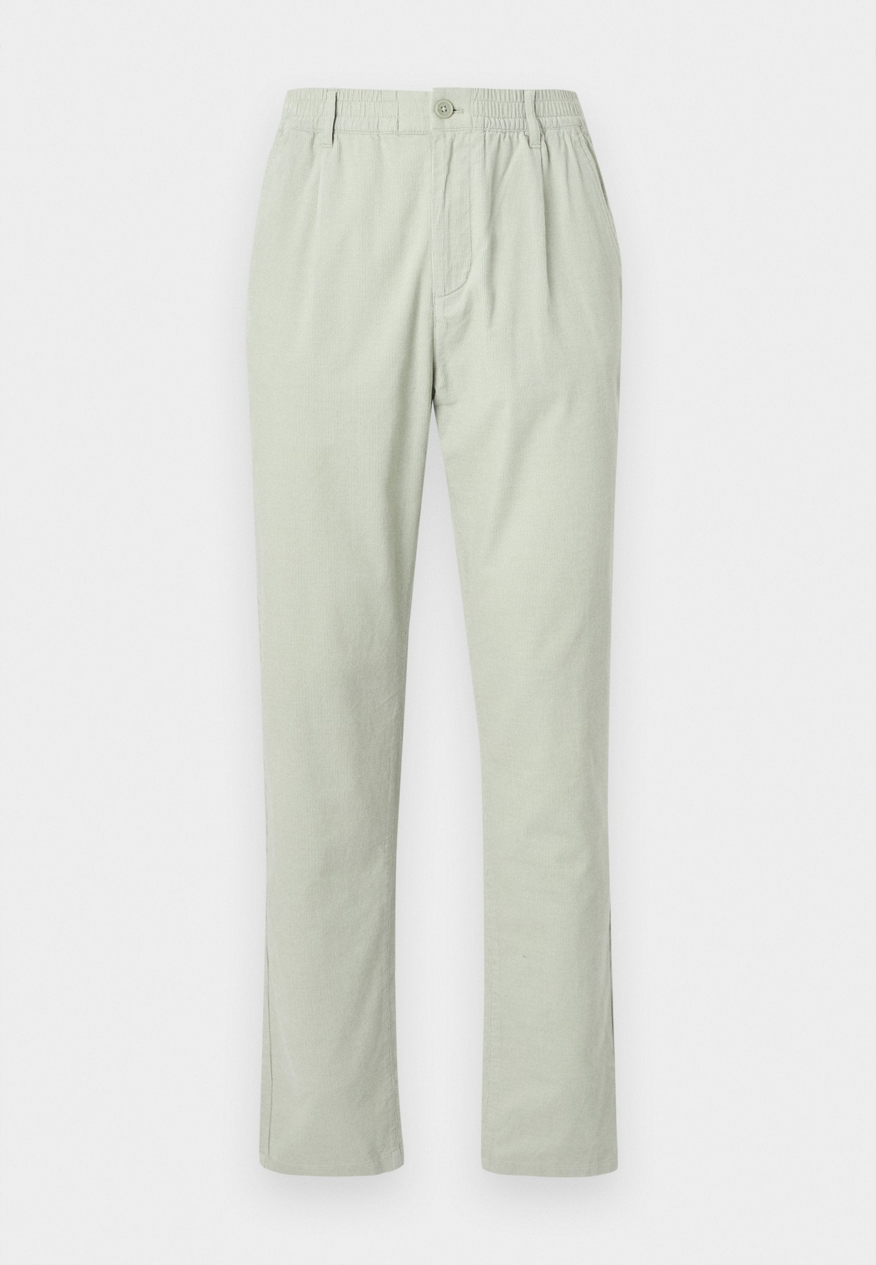 Hellgrüne, gerade geschnittene Hosen aus weichem Stoff. Mit Knopfverschluss, elastischem Bund und Seitentaschen. Keine sichtbaren Muster.