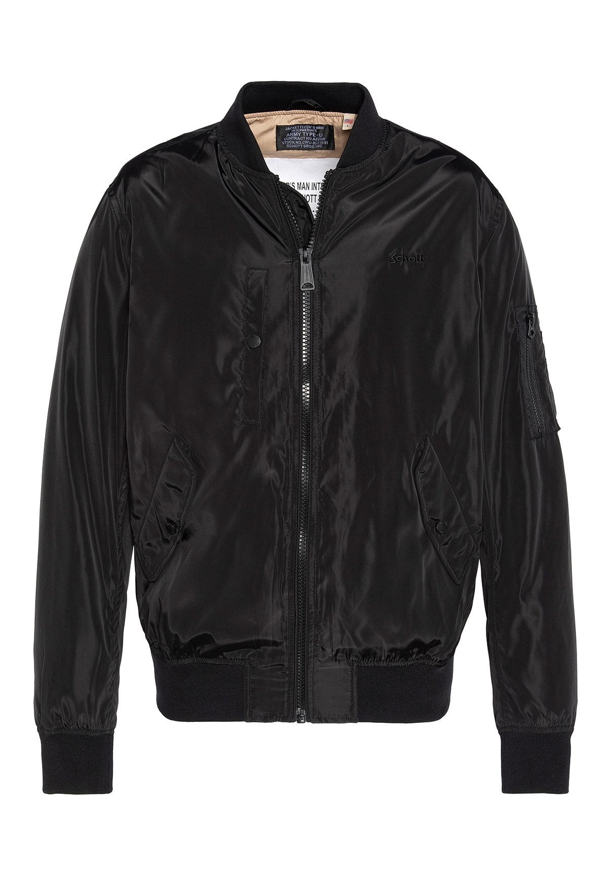 Schwarze Bomberjacke aus glänzendem Nylon mit gerippten Bündchen und Saum, vertikaler Frontreißverschluss und Seitentaschen. Verfügt über eine Armtasche.