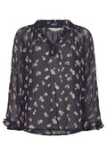 Blumenbluse aus navy Chiffon mit hellrosa Blumen, lockere Passform, geraffter Rundhalsausschnitt, lange Ärmel mit elastischen Bündchen und geschlitztem Detail.