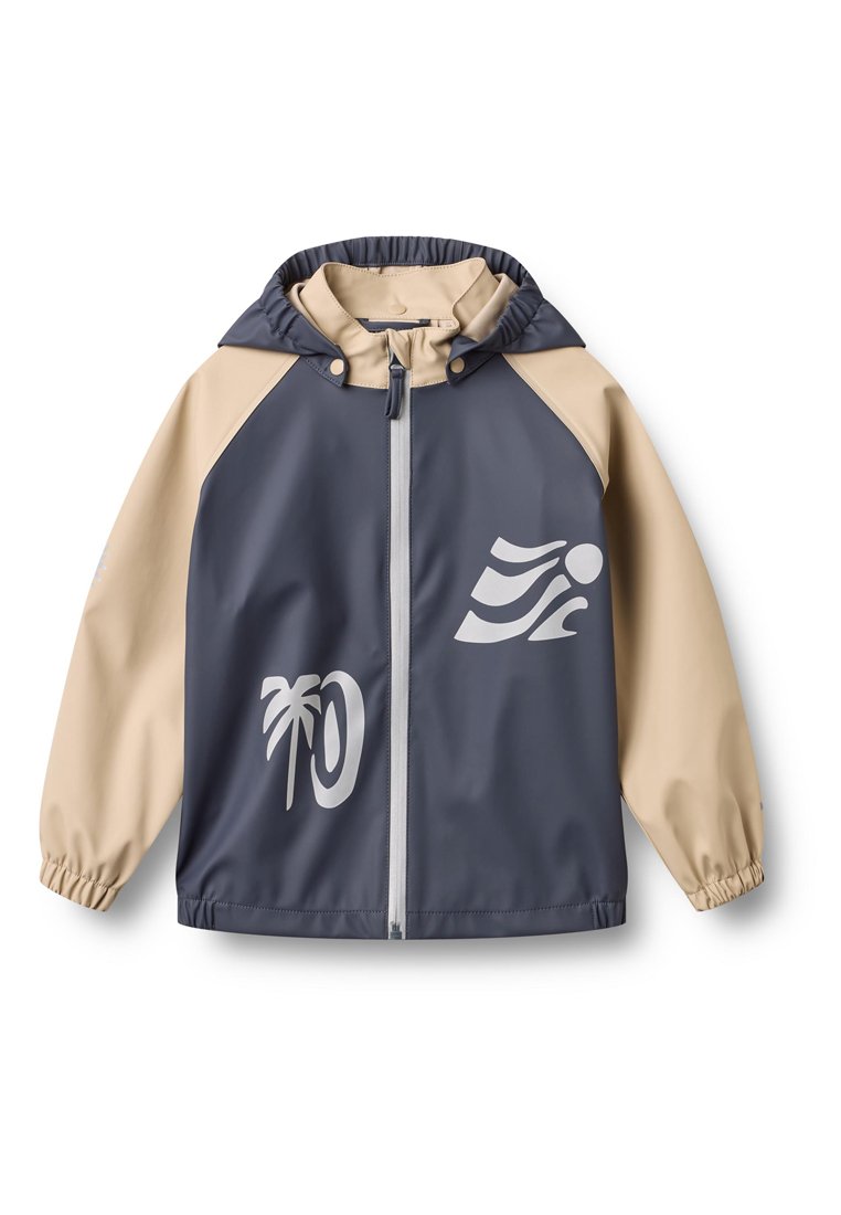 Wasserabweisende Jacke mit navyblauem Körper, beigen Ärmeln, einer zweifarbigen Kapuze, einem vorderen Reißverschluss und grafischen Drucken von einer Palme und Wellen.