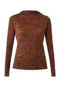 Langarm-Rippoberteil mit braun-schwarzem Leopardenmuster, taillierte Silhouette und rundem Ausschnitt.