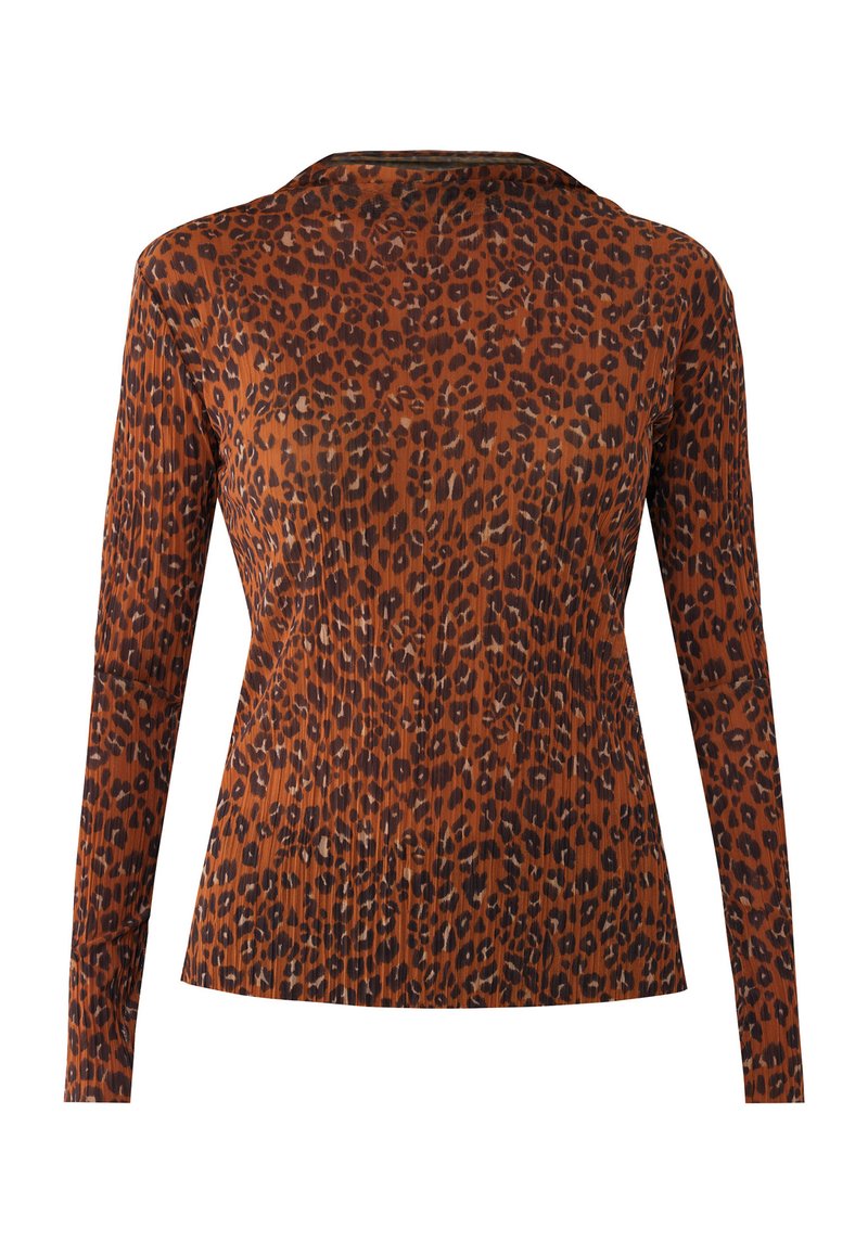 Langarm-Rippoberteil mit braun-schwarzem Leopardenmuster, taillierte Silhouette und rundem Ausschnitt.