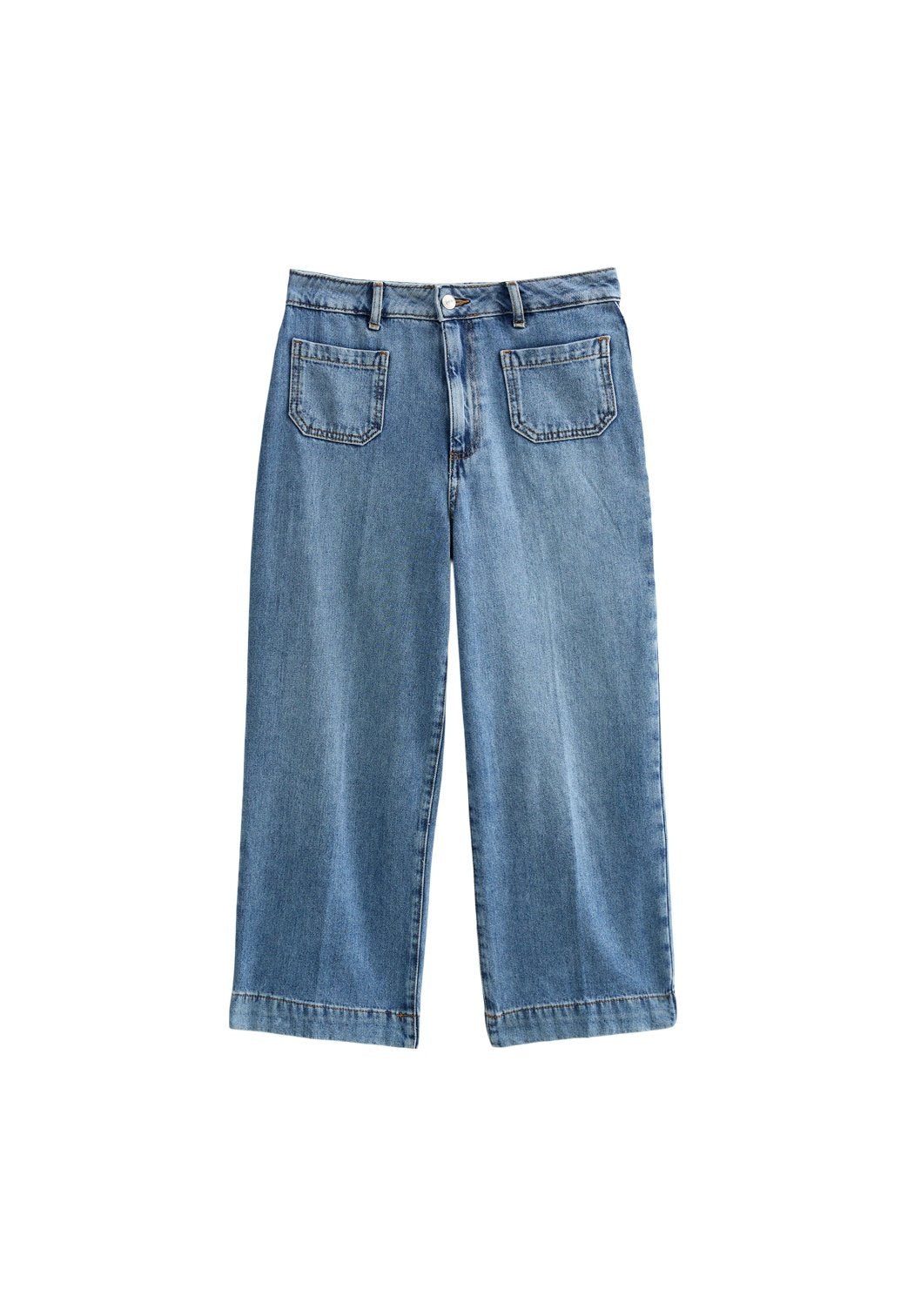 Hellblaue Denim-Jeans im weit geschnittenen Stil mit hoher Taille, zwei Gesäßtaschen und umgeschlagenem Saum. Verfügt über ein klassisches Fünf-Taschen-Design und einen Metallknopf.