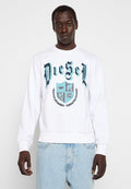 Weißer Sweatshirt mit türkisem Grafikdruck, der den Text "Diesel" und ein Schilddesign zeigt. Gerippte Bündchen und Saum, lockere Passform, Baumwollmaterial.