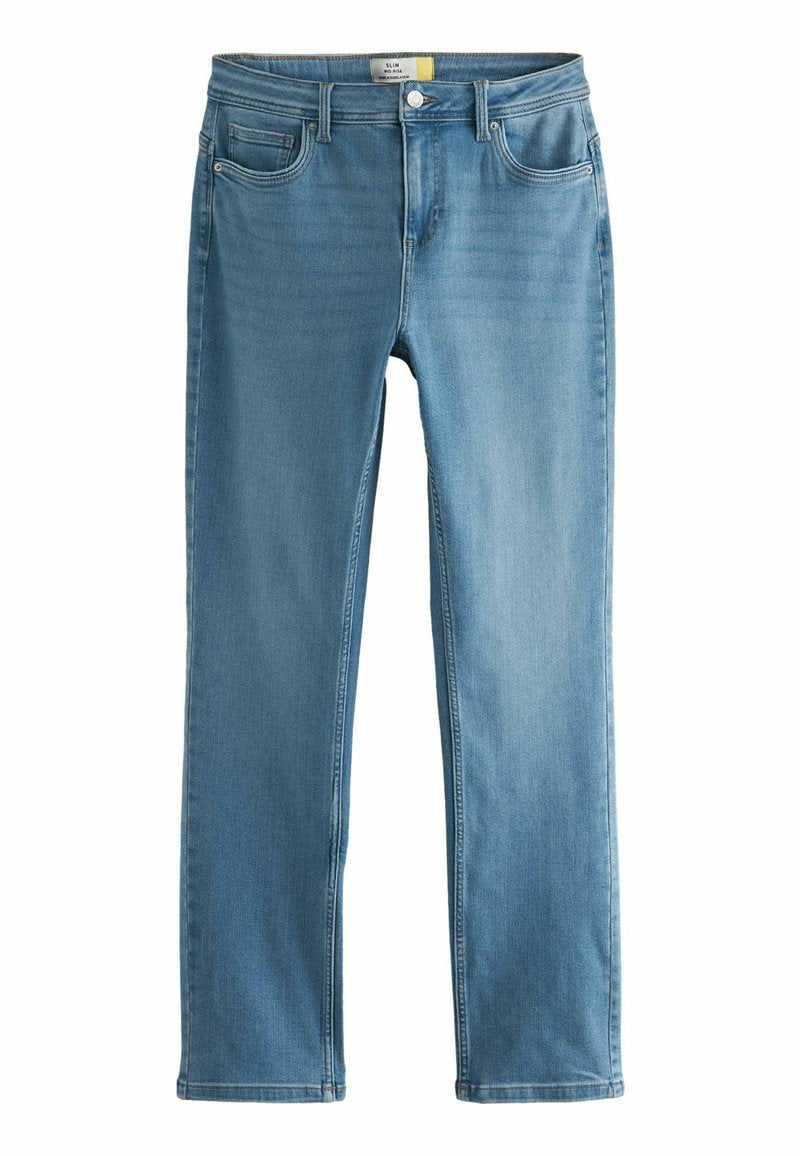 Hellblaue Slim-Fit-Jeans mit fünf Taschen, Reißverschluss und Knopfverschluss. Glatter Denim-Stoff mit dezenter Ausbleichung und ohne sichtbare Muster.