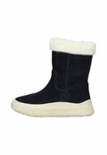 Marineblaue Wildleder-Stiefeletten mit einem plüschigen, cremefarbenen Kunstfellkragen und einer strukturierten, beigen Gummisohle. Merkmale sind eine glatte Silhouette und eine Ziernaht.