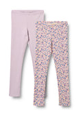 Hellviolette Leggings und cremefarbene Leggings mit einem mehrfarbigen Blumenmuster. Beide haben eine schlanke Passform und elastische Bündchen.