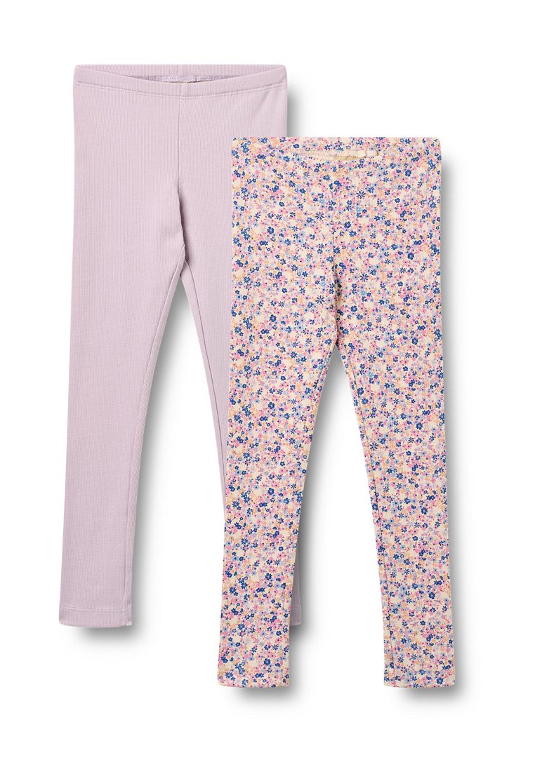 Hellviolette Leggings und cremefarbene Leggings mit einem mehrfarbigen Blumenmuster. Beide haben eine schlanke Passform und elastische Bündchen.