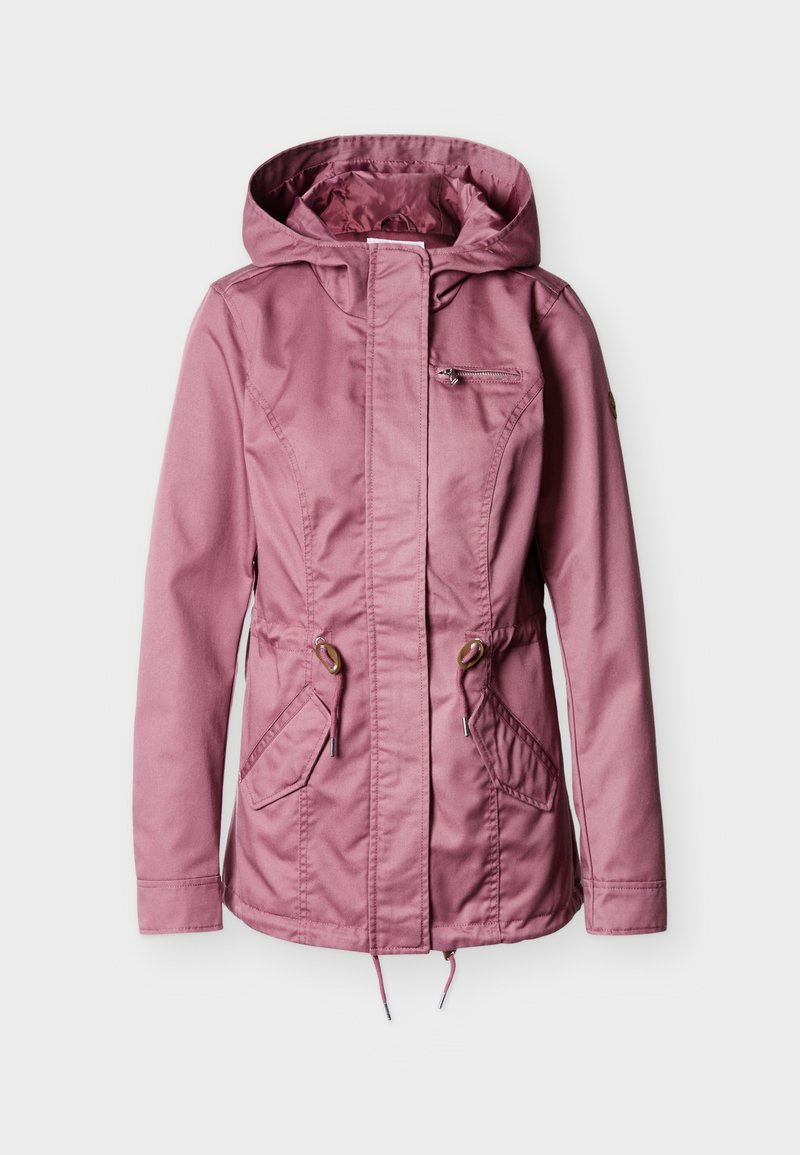 Rosa Kapuzenjacke mit Reißverschluss vorne, verstellbaren Taillenbändern, einer Reißverschlusstasche auf der Brust und zwei Klappentaschen auf jeder Seite.