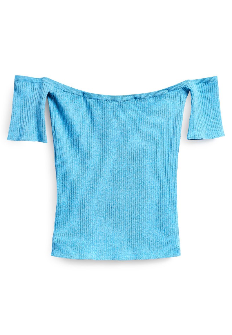 Blaues, geripptes Off-Shoulder-Oberteil mit kurzen Ärmeln, das ein enges Design und einen weichen, strukturierten Stoff aufweist.