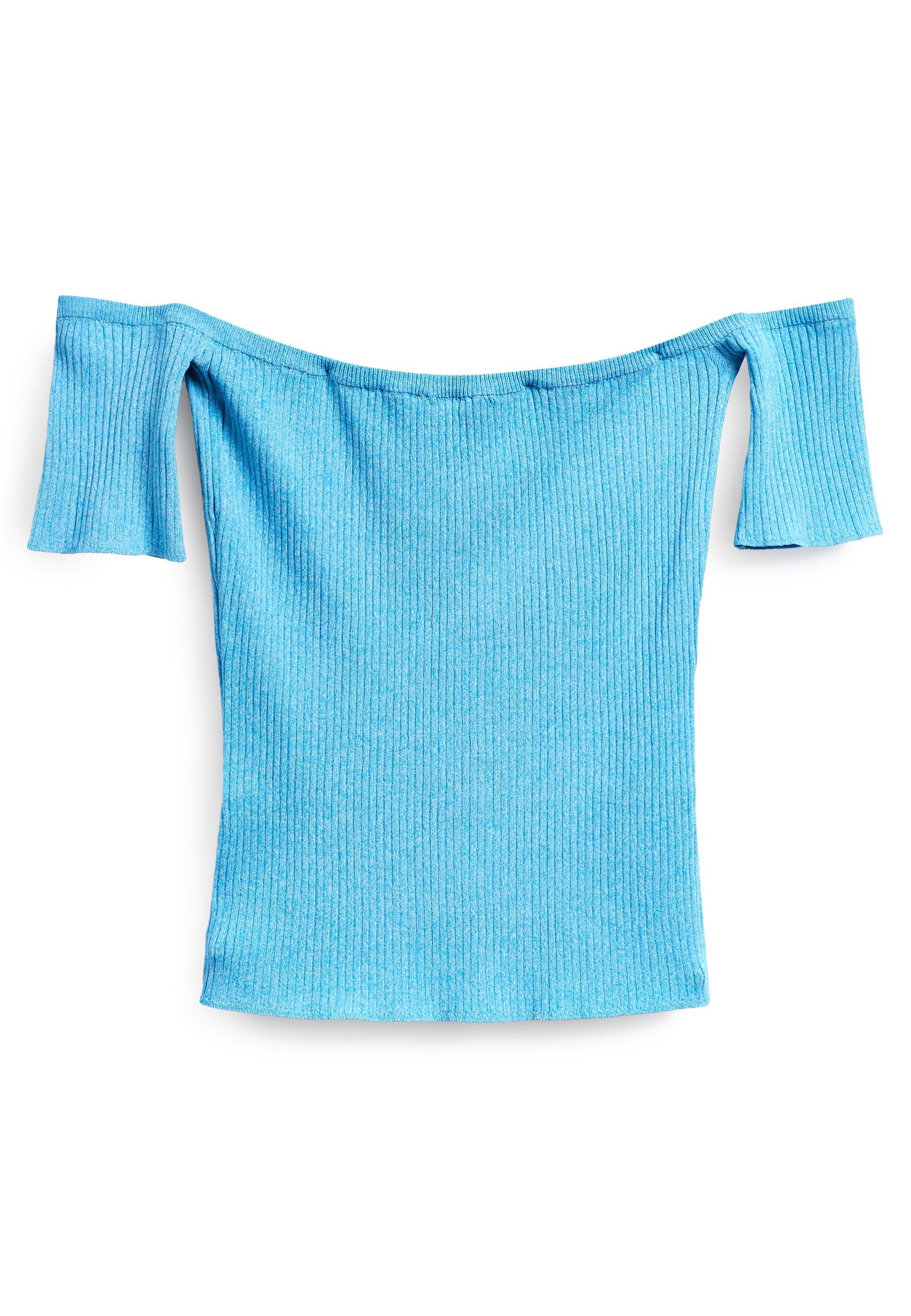 Blaues, geripptes Off-Shoulder-Oberteil mit kurzen Ärmeln, das ein enges Design und einen weichen, strukturierten Stoff aufweist.