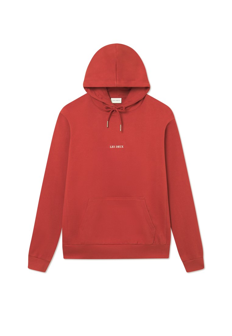 Rotes Kapuzensweatshirt aus Baumwollmischung. Mit einer Fronttasche und Zugbandverschluss mit metallischen Enden. ‚LES DEUX‘-Logo in Weiß.