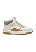 Hochschnittige Sneakers aus weißem Leder mit beigem Wildleder und metallischen Akzenten. Mit strukturierten Einsätzen und einer Sohle aus Naturkautschuk.