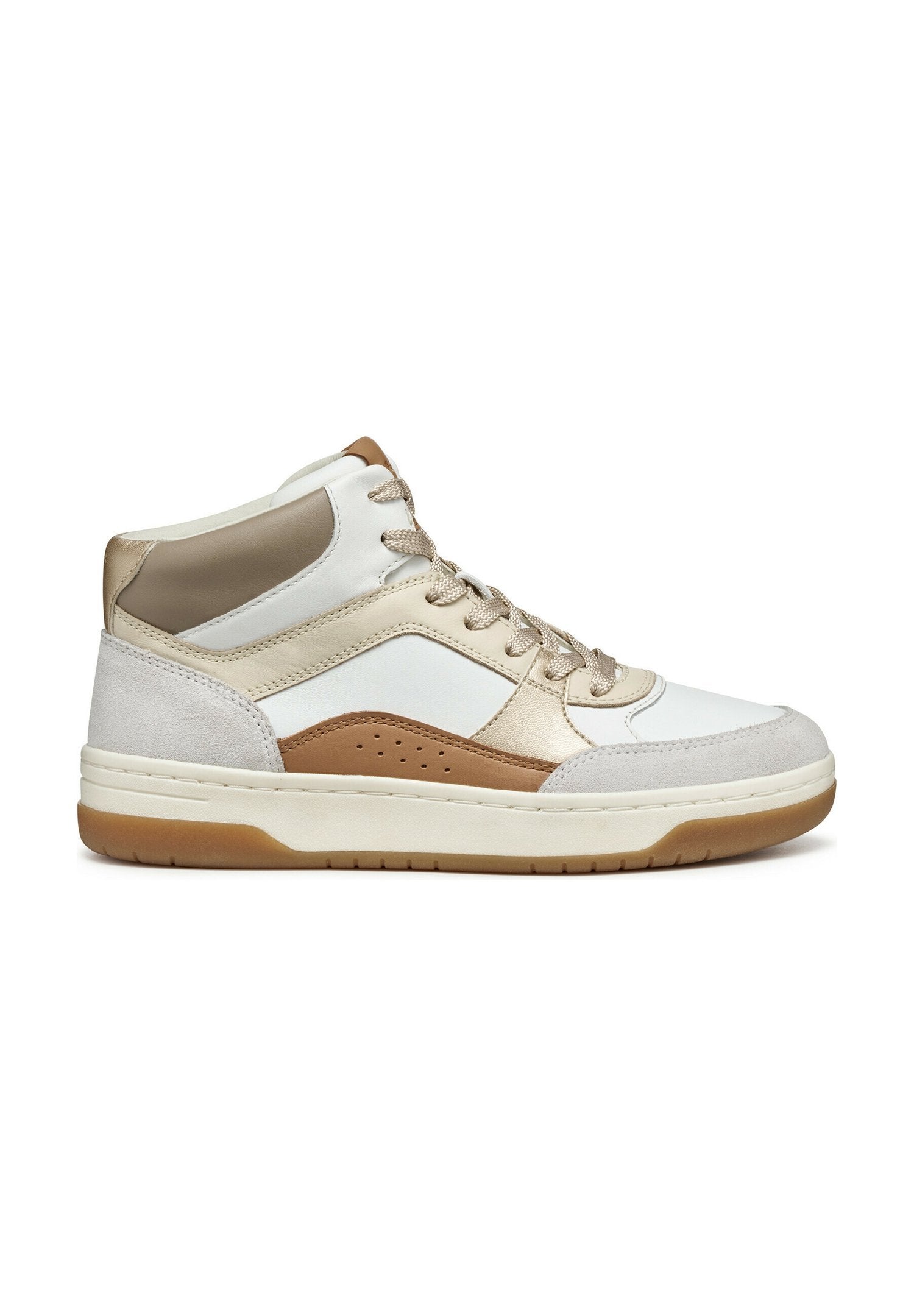 Hochschnittige Sneakers aus weißem Leder mit beigem Wildleder und metallischen Akzenten. Mit strukturierten Einsätzen und einer Sohle aus Naturkautschuk.