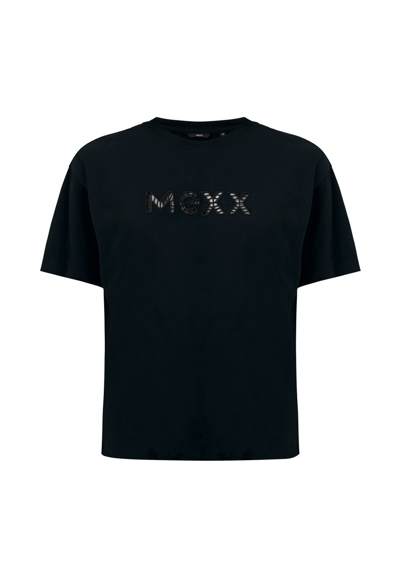 Schwarzes T-Shirt in lockerer Passform, mit dem "MEXX"-Logo aus strukturiertem schwarzem Material auf der Brust. Kurze Ärmel und Rundhalsausschnitt.