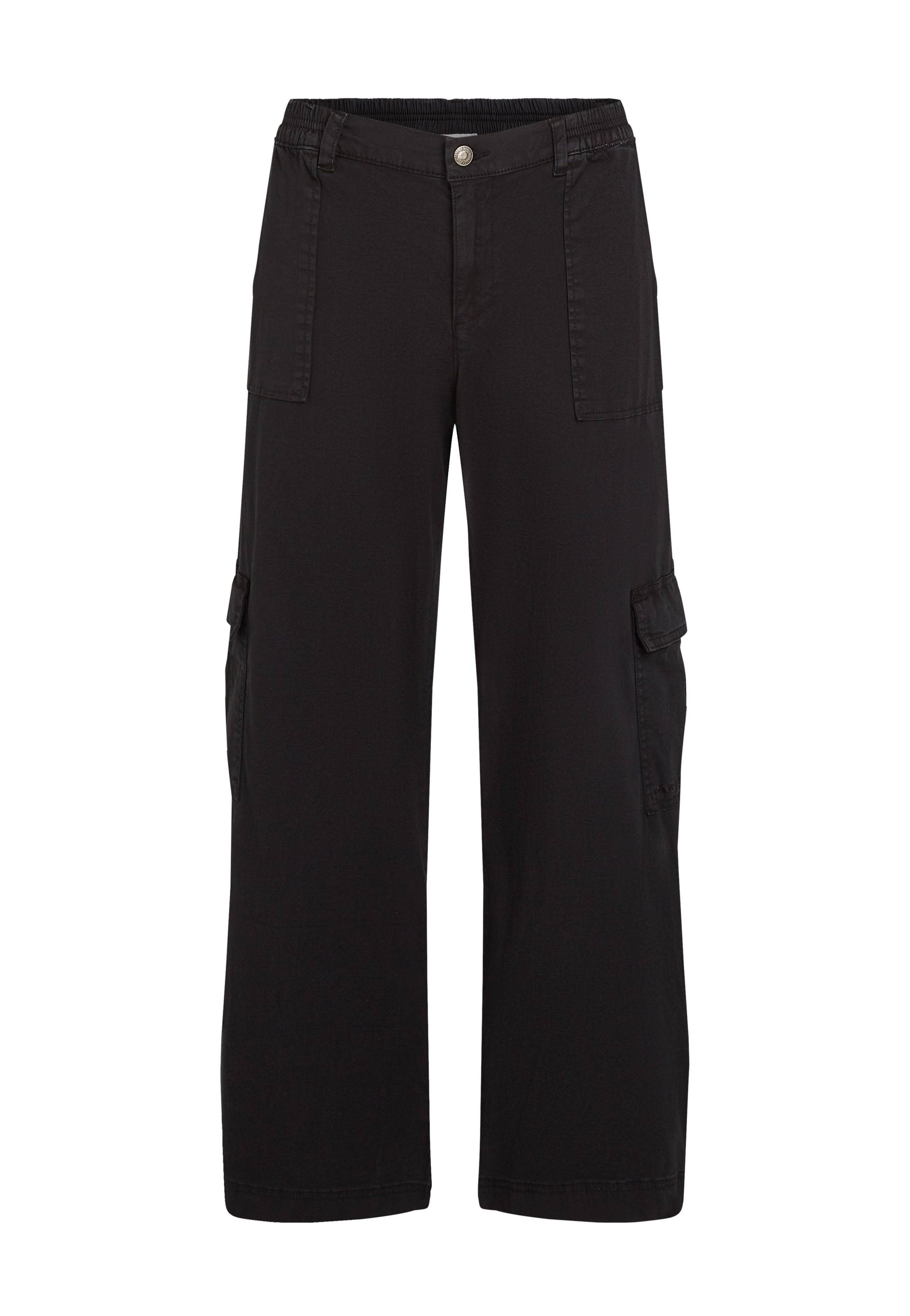 Schwarze Cargo-Hosen aus Baumwolle mit weit geschnittenem Design, ausgestattet mit zwei Fronttaschen und zwei seitlichen Cargo-Taschen. Schlichte, strapazierfähige Nähte.