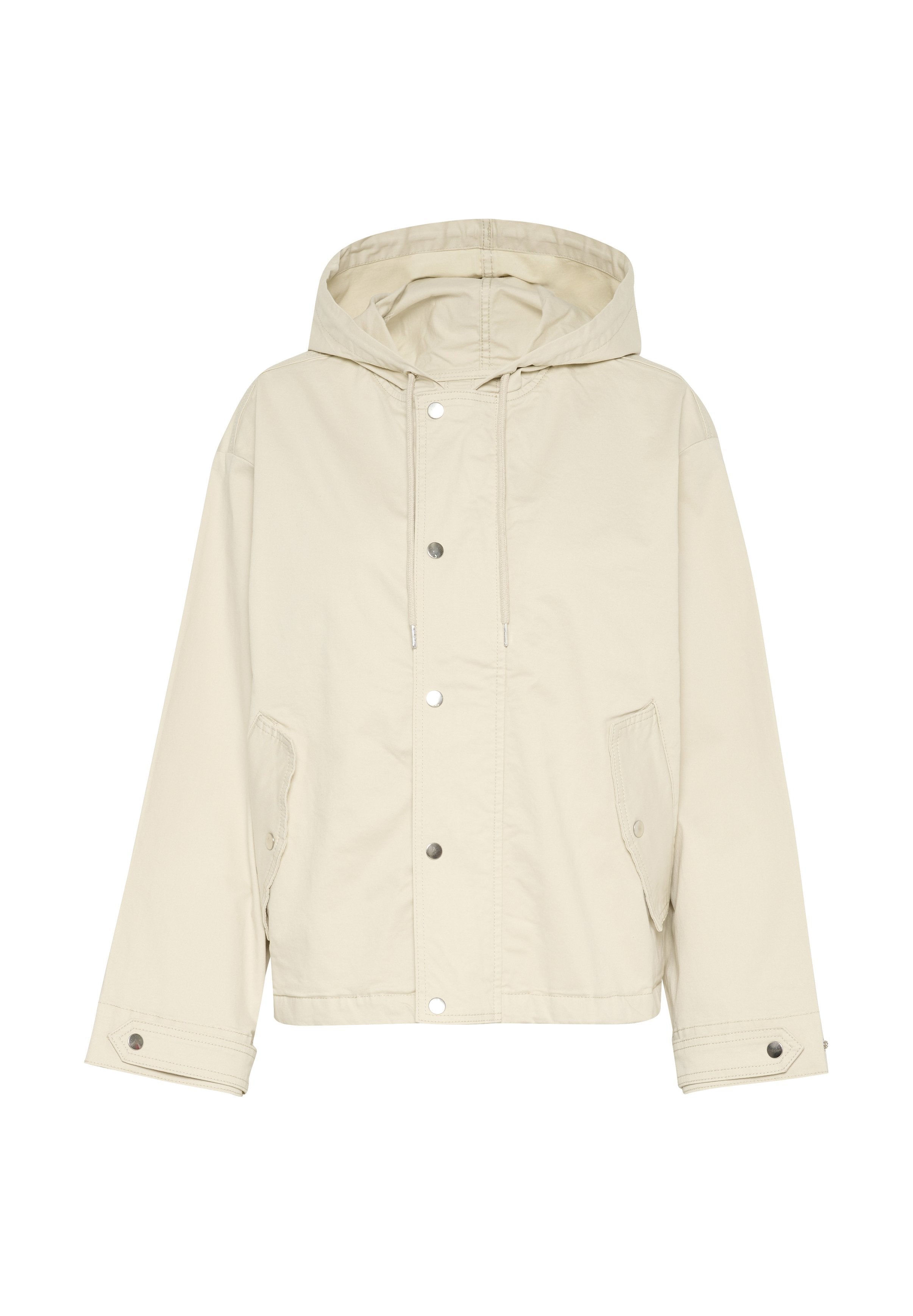 Beige leichte Jacke mit Kapuze, Knopfverschluss und zwei Seitentaschen. Der Stoff ist glatt, mit lockerer Passform und verstellbaren Kordeln.