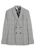 Grauer karierteter Doppelreihiger Blazer aus strukturiertem Stoff, mit Reverskragen und einem floral gemusterten Futter. Verfügt über zwei Fronttaschen.