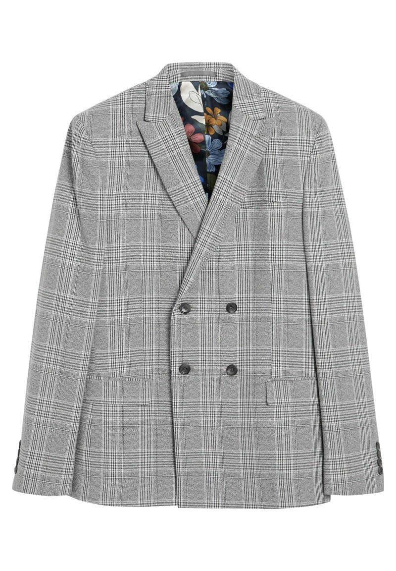Grauer karierteter Doppelreihiger Blazer aus strukturiertem Stoff, mit Reverskragen und einem floral gemusterten Futter. Verfügt über zwei Fronttaschen.