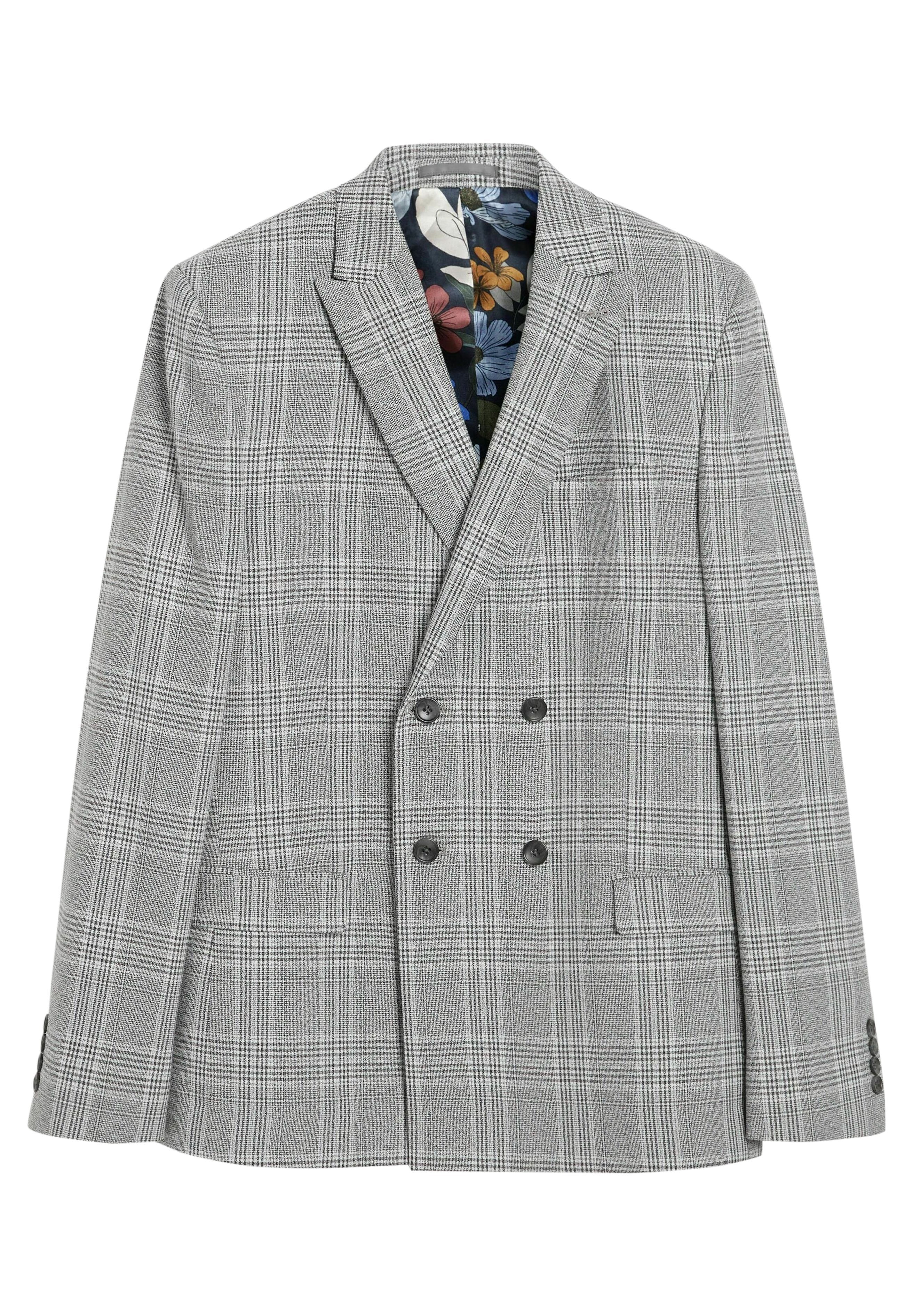 Grauer karierteter Doppelreihiger Blazer aus strukturiertem Stoff, mit Reverskragen und einem floral gemusterten Futter. Verfügt über zwei Fronttaschen.