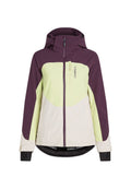 Bunter Jacke mit lila, hellgrünen und cremefarbenen Panels, mit hohem Kragen, Reißverschluss und verstellbaren Manschetten. Markenlogo sichtbar.