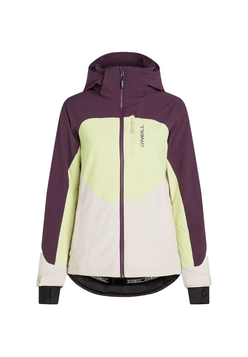 Bunter Jacke mit lila, hellgrünen und cremefarbenen Panels, mit hohem Kragen, Reißverschluss und verstellbaren Manschetten. Markenlogo sichtbar.